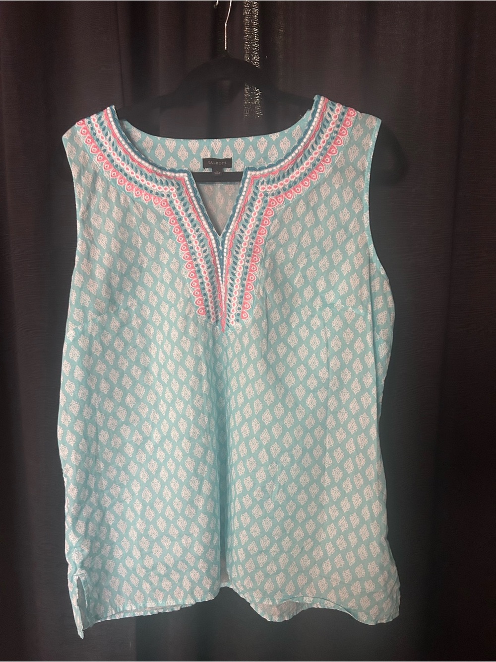 Talbots Aqua Printed Sleeveless Tunic with Pink Embroidery